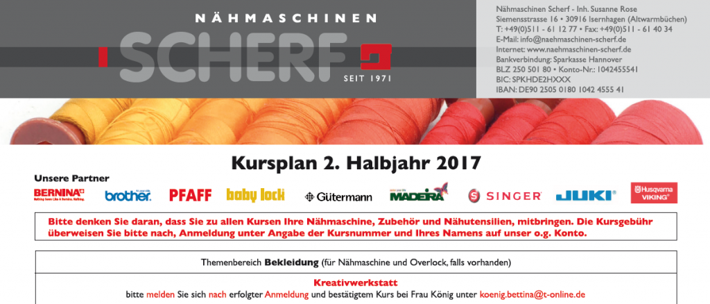 Nähkurse Kursplan 2017 2. Halbjahr